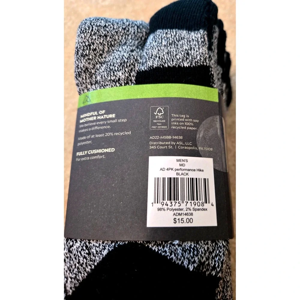 Alpine Design Performance Hiking‎ Sock Men's Medium Black 4-Pak
